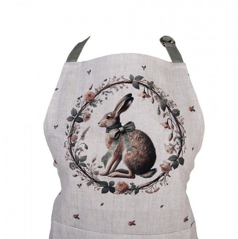 Grembiule da cucina in cotone decorato con lepre con fiocco verde in ghirlanda, perfetto come regalo di Pasqua